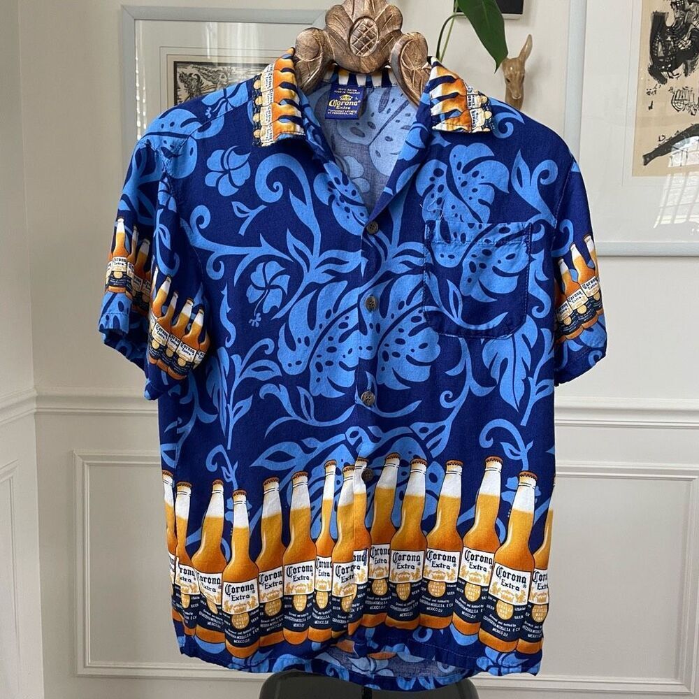 Corona Extra Short Sleeve Button Up Hawaiian Tropical Shirt L